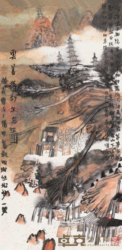 姚鸣京 2006年作 云暮塔影坐忘图 镜心 71×141cm